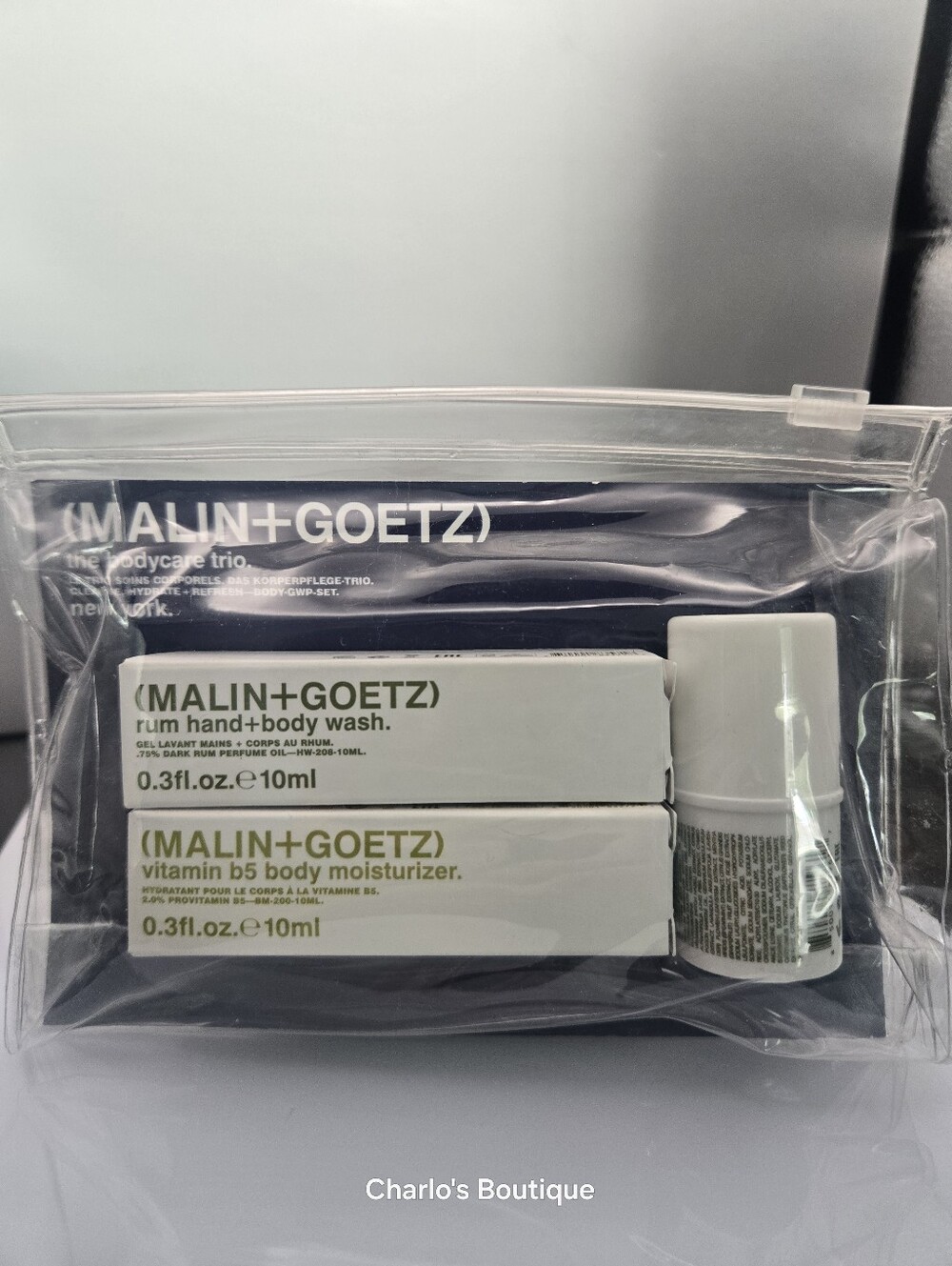 MALIN + GOETZ BODY CARE TRAVEL TRIO BODY MOISTURIZER /HAND BODY WASH /DEODORANT